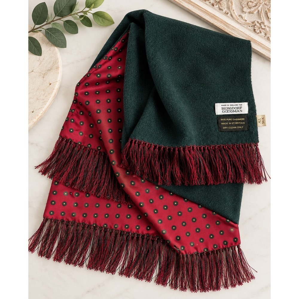 Bergdorf Goodman 100% Pure Cashmere Silk Scarf England Burgundy Green Fringe